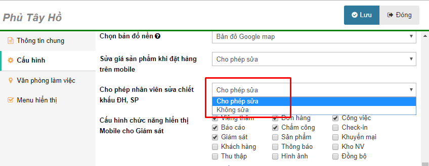 Hình 15 - Cấu hình cho phép (không cho phép) nhân viên sửa chiếu khấu đơn hàng/sản phẩm