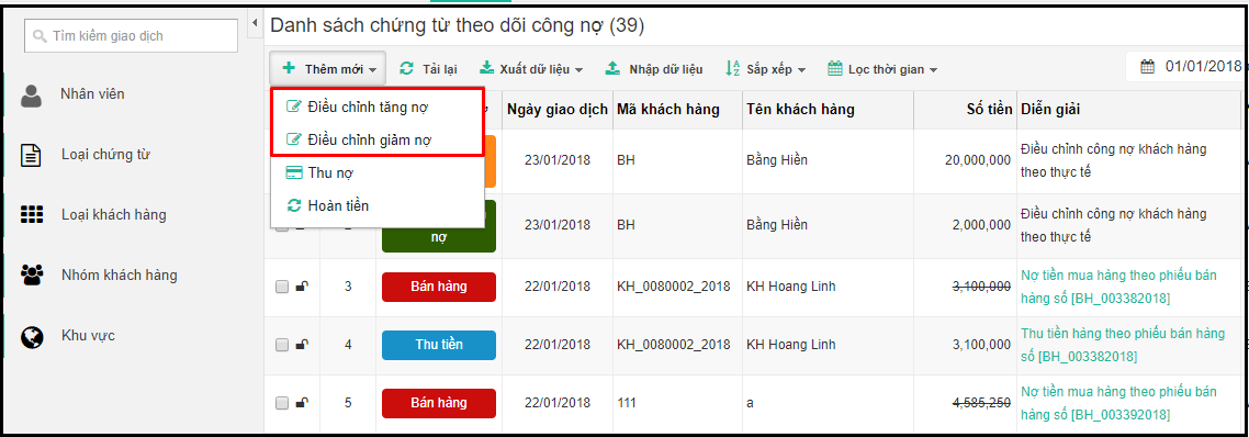 Hình 30 - Thêm mới phiếu điều chỉnh tăng nợ hoặc giảm nợ