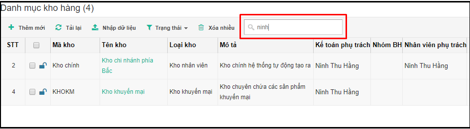 Hình 34 - Tìm kiếm kho hàng theo tên nhân viên phụ trách kho