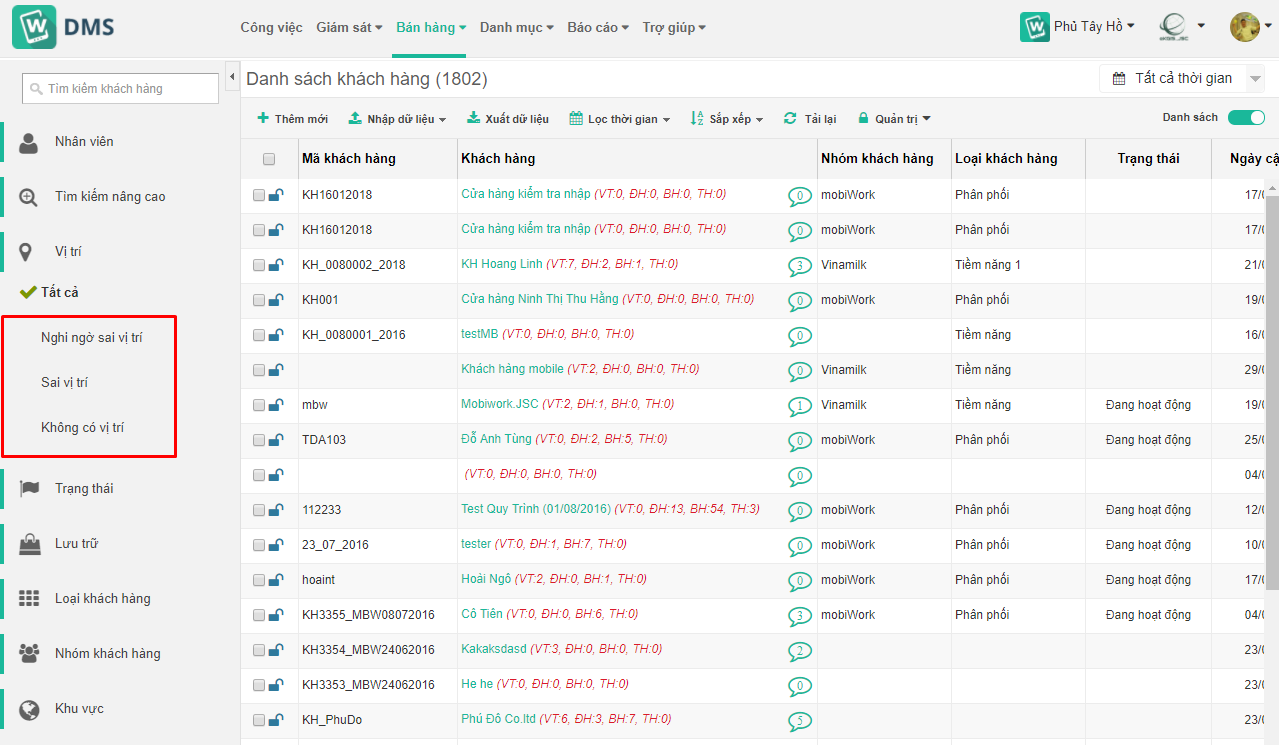 Hình 9 - Quản lý danh sách khách hàng sai vị trí