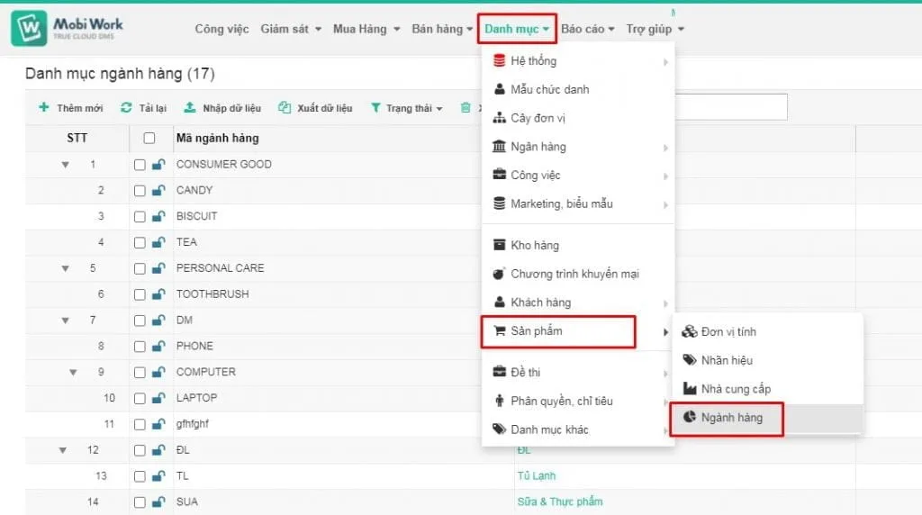 danh muc san pham Quản lý danh mục sản phẩm theo ngành hàng trên phần mềm MobiWork DMS