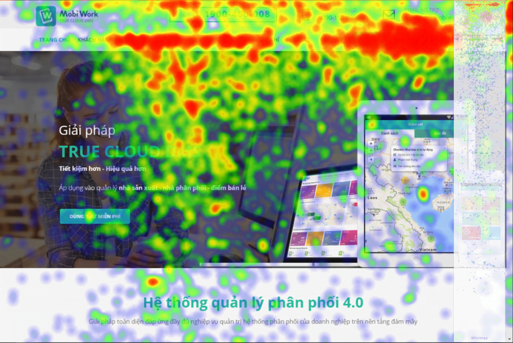Hành vi người truy cập trên website MobiWork được đo bằng heatmap
