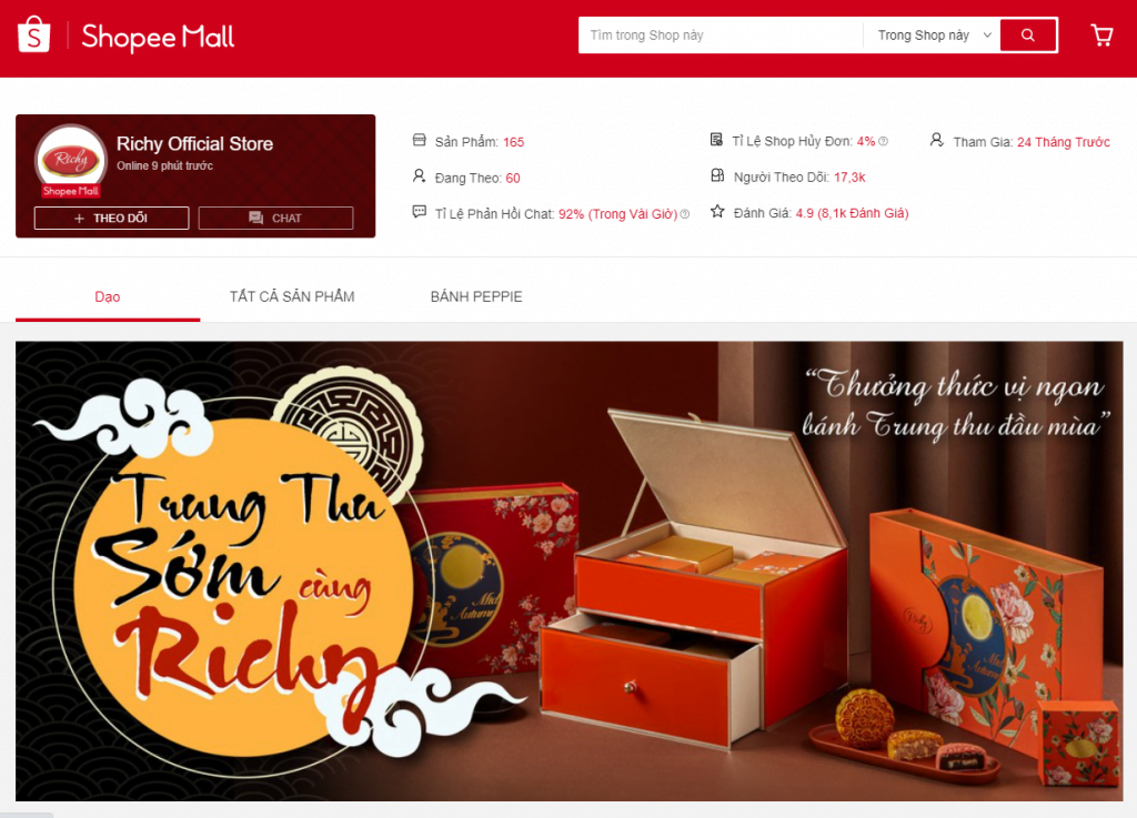 Gian hàng trên sàn thương mại điện tử Shopee của Bánh trung thu Richy (Công ty TNHH Thương mại Sản xuất Hoàng Mai) - Khách hàng đang sử dụng phần mềm DMS của MobiWork