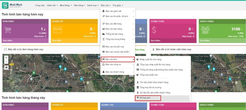update mobiwork dms Chọn Báo cáo -> Báo cáo kho hàng -> Độ bao phủ để xem Báo cáo độ bao phủ tồn kho của khách hàng