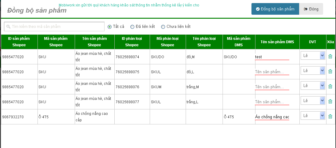 Giao diện đồng bộ sản phẩm để thực hiện liên kết sản phẩm từ shopee với DMS 