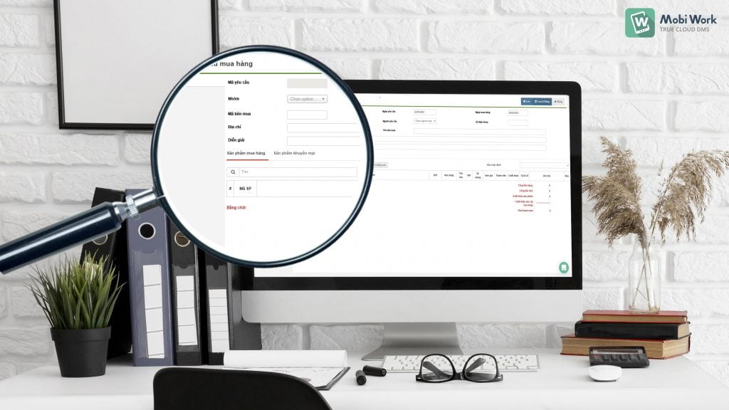Trên phần mềm MobiWork DMS, admin nhà phân phối tạo phiếu yêu cầu mua hàng gửi về kế toán nhà sản xuất