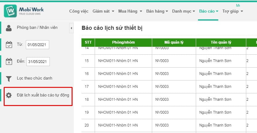 Trong module Báo cáo của phần mềm MobiWork DMS, mỗi loại báo cáo đều có cấu hình đặt lịch xuất báo cáo tự động. 